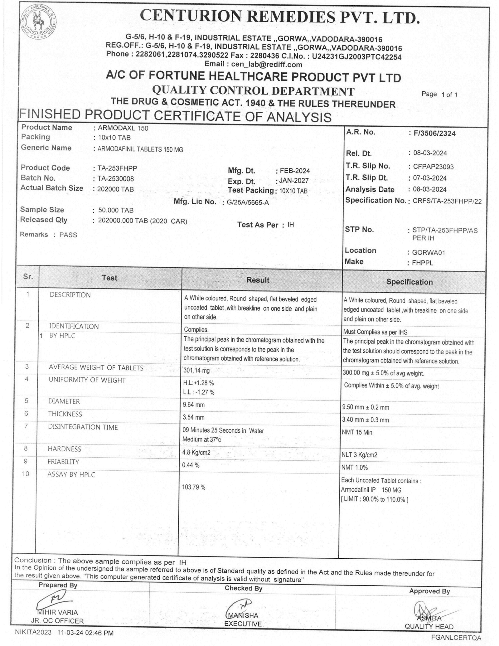 ArmodaXL 150mg Certificate of Analysis