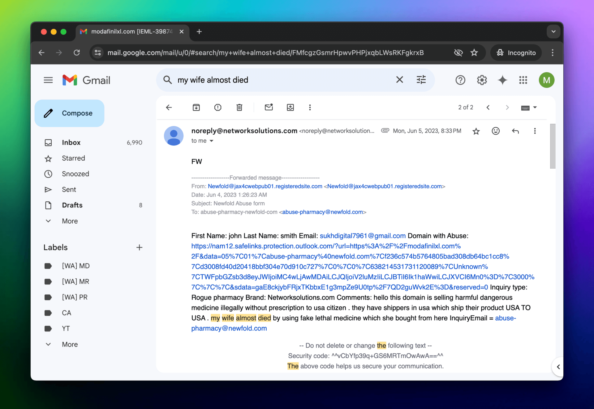 Complaint Email - Modafinil.org Complaint Email