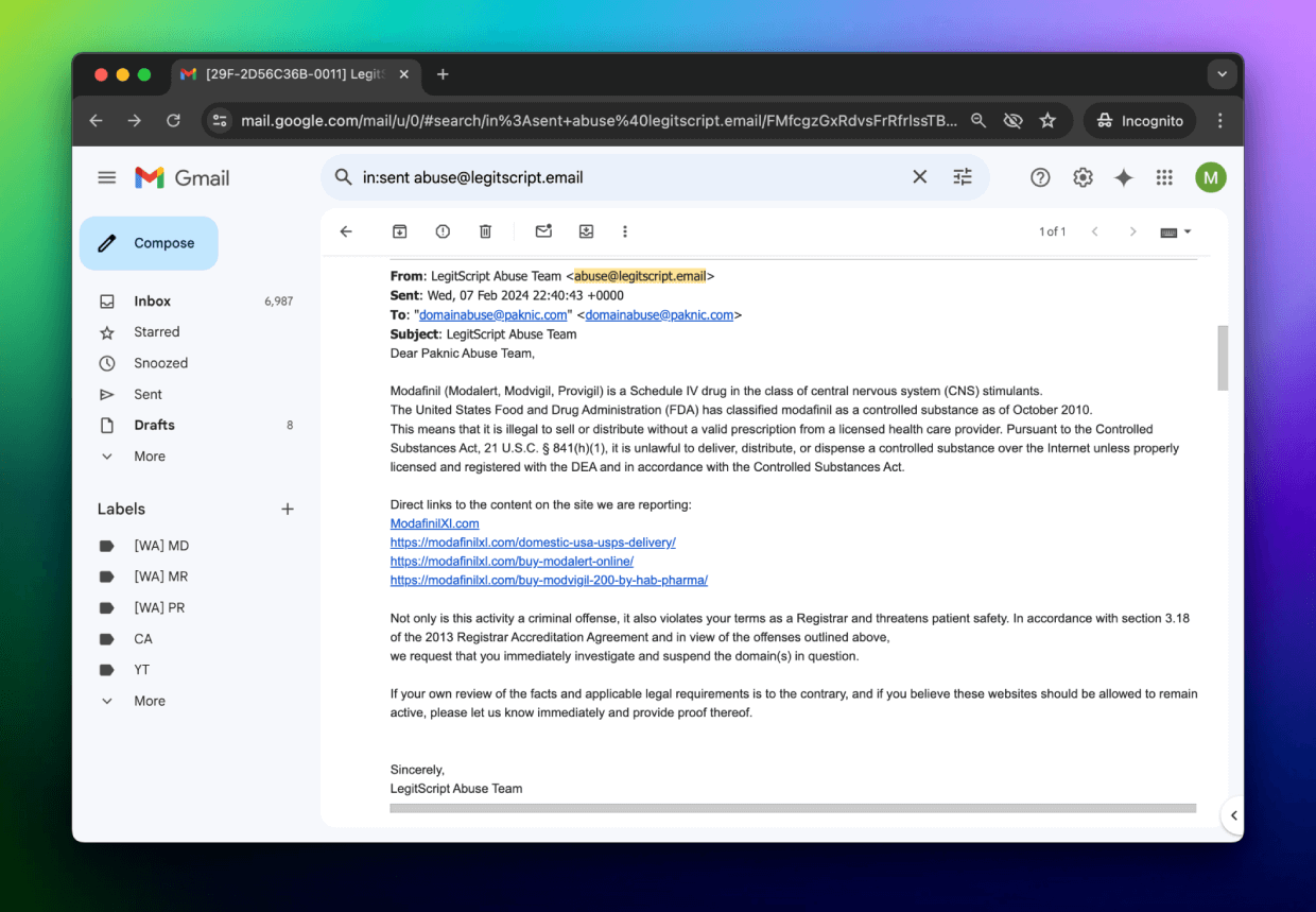 Correspondence via Email - Modafinil.org Correspondence via Email