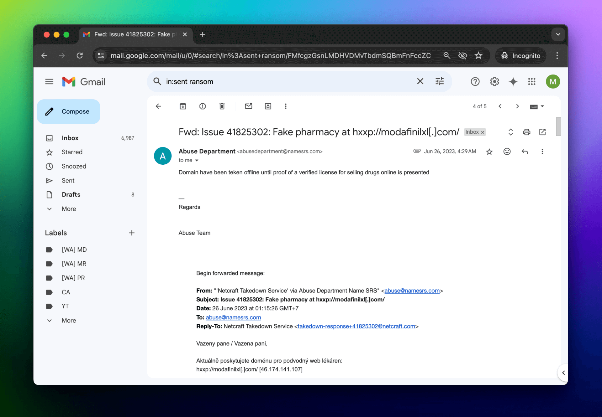 Email About Fake Pharmacy - Modafinil.org Email About Fake Pharmacy