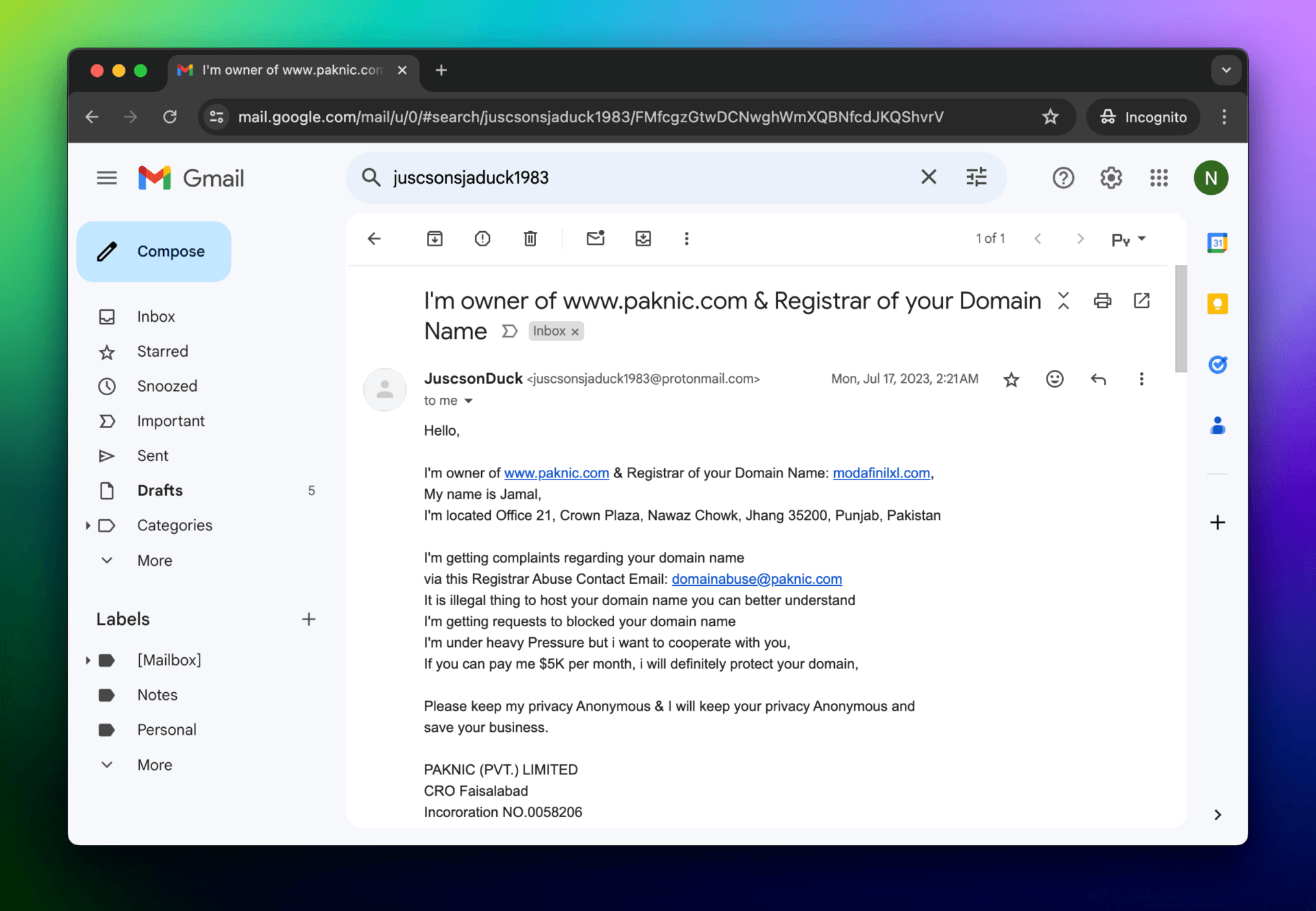 Email from Registrar - Modafinil.org Email from Registrar